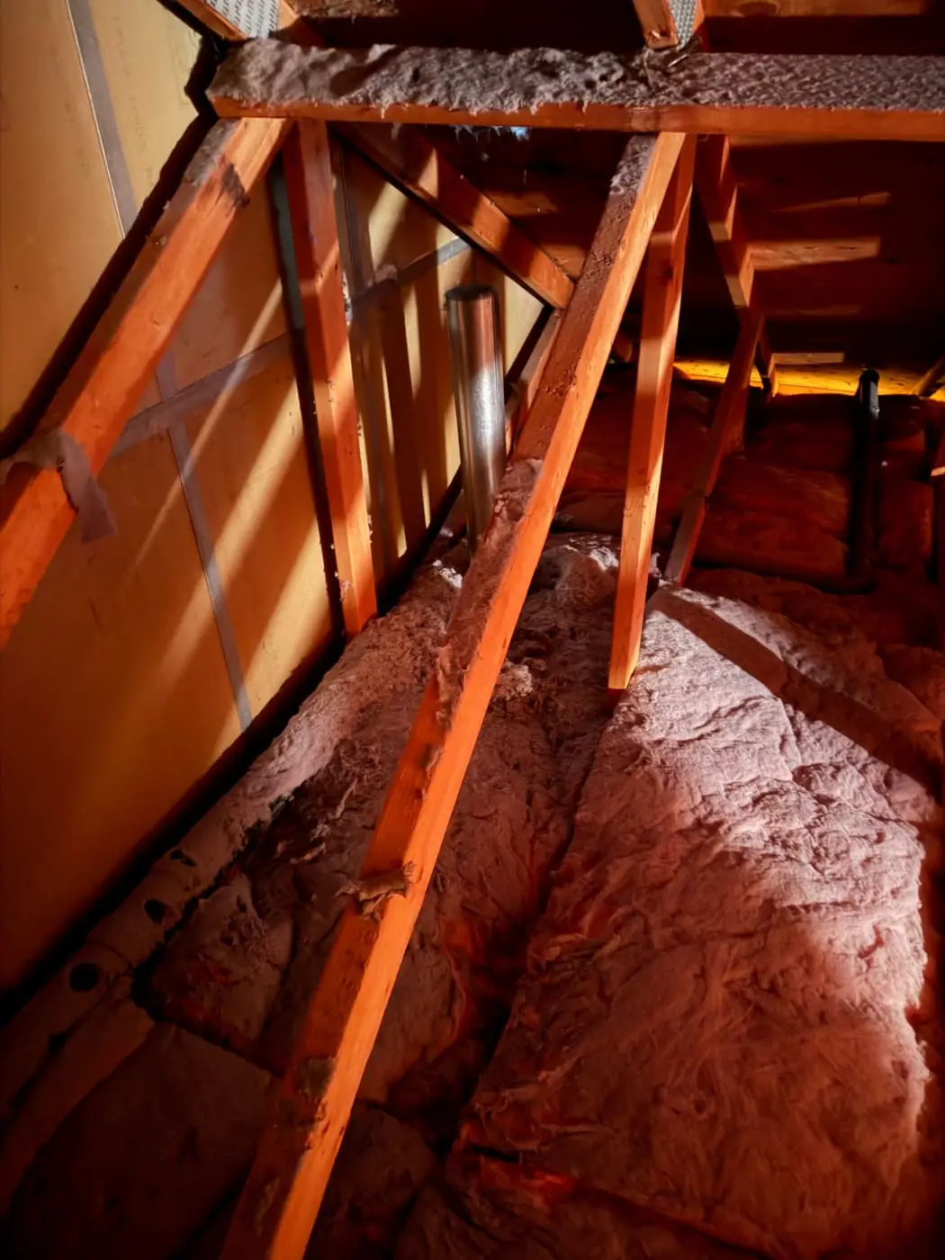 A vent pipe running up between wooden rafters above pink insulation in a dim attic.