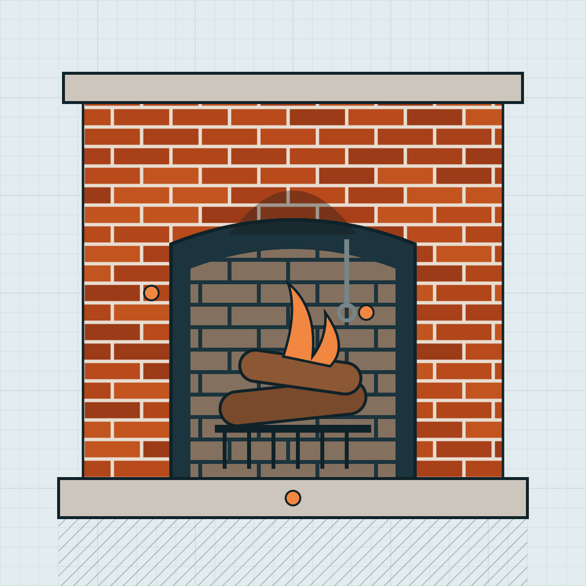 Drawing of a brick fireplace with a fire on the grate, the damper handle hanging in the throat and a stone hearth.